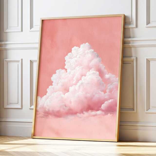 Blush Pink Cloud Wall Art Dream Sky Painting Pastel Cloudscape Large Room Decor Framed Boho Nursery Moon Poster Print - image 1