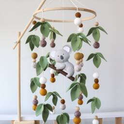 Koala Baby Mobile For Crib, Australian Animals Nursery Decor, Felt Handing Mobile, Gender Neutral Shower Gift, Green Leaves - thumbnail 2