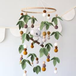 Koala Baby Mobile For Crib, Australian Animals Nursery Decor, Felt Handing Mobile, Gender Neutral Shower Gift, Green Leaves - thumbnail 3