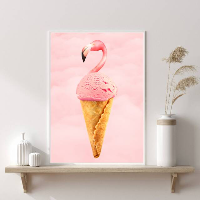 Pink Flamingo Print - Ice Cream Retro Wall Stylish Art Home Decor Modern Poster - image 1