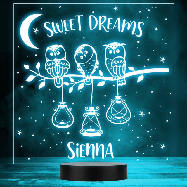 Sweet Dreams Three Owls Sitting On A Branch Led Personalised Gift Night Light - image 1
