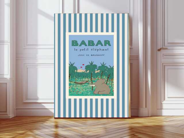 Babar The Elephant, Blue Stripy Nursery Wall Art, Retro Kids Decor, Blue Baby Illustration Print, Print - image 1