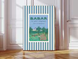 Babar The Elephant, Blue Stripy Nursery Wall Art, Retro Kids Decor, Blue Baby Illustration Print, Print - thumbnail 1