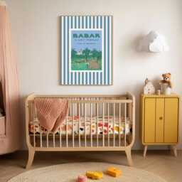 Babar The Elephant, Blue Stripy Nursery Wall Art, Retro Kids Decor, Blue Baby Illustration Print, Print - thumbnail 2
