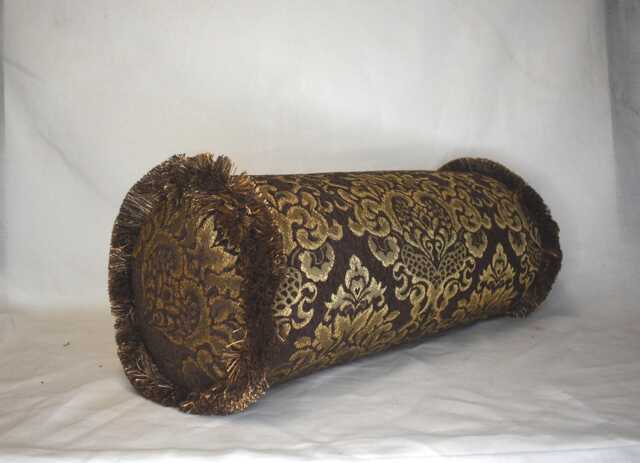 Large Brown Gold Geometric Stripe Damask Solid Chenille Throw Pillow With Fringe Handmade in Usa For Sofa Couch Or Chair Living Room - image 1