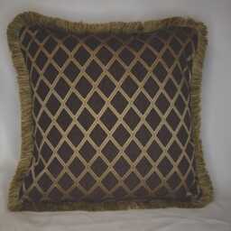 Large Brown Gold Geometric Stripe Damask Solid Chenille Throw Pillow With Fringe Handmade in Usa For Sofa Couch Or Chair Living Room - thumbnail 2