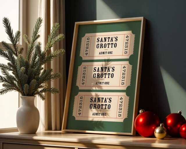Christmas Print - Santa's Grotto Ticket Stub Trendy Wall Art Retro Decor - image 1