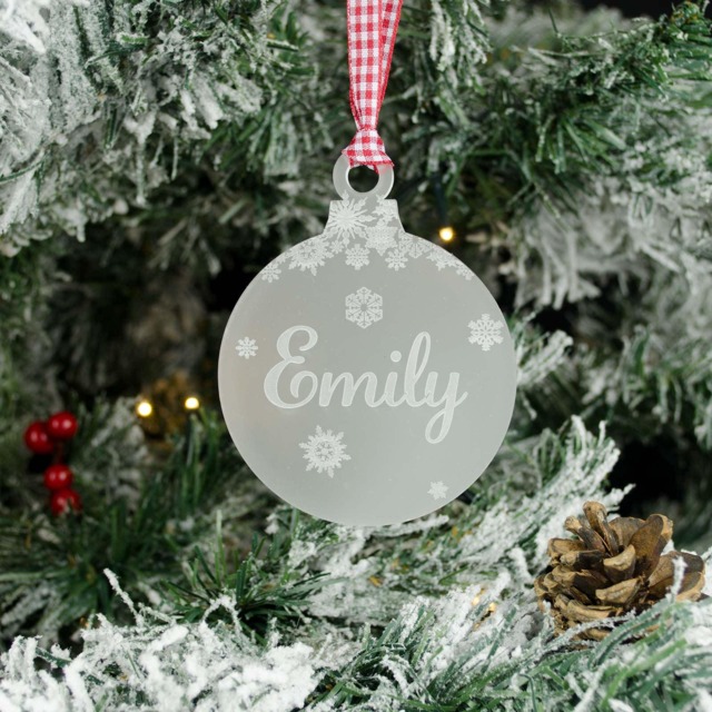 Personalised Frosted Acrylic Christmas Bauble With Engraved Name & Snowflakes - image 1