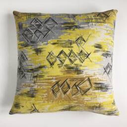Vintage Barkcloth 50S Cushion Cover, Grey Yellow Mustard, Abstract Atomic Geometric, Original Mid Century Retro, Lucienne Era Mod Pillow - thumbnail 2