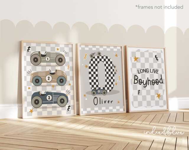 Set Of 3 Personalised Race Car Name Prints in Grey, Retro Checkered Flag Initial Print For Boy Bedroom, Long Live Boyhood Poster - image 1