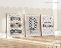 Set Of 3 Personalised Race Car Name Prints in Grey, Retro Checkered Flag Initial Print For Boy Bedroom, Long Live Boyhood Poster - thumbnail 1