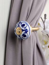 Blue & White Ceramic Curtain Tie Backs Antique Style Hooks - Sold in Sets