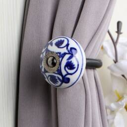 Blue & White Ceramic Curtain Tie Backs Antique Style Hooks - Sold in Sets - thumbnail 3