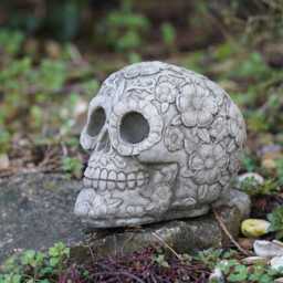 Floral Skull Stone Statue - Outdoor Gothic Skeleton Garden Ornament Decoration - thumbnail 2
