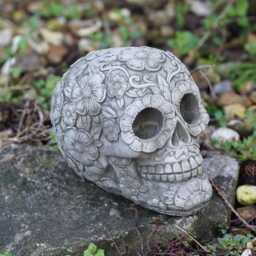 Floral Skull Stone Statue - Outdoor Gothic Skeleton Garden Ornament Decoration - thumbnail 1