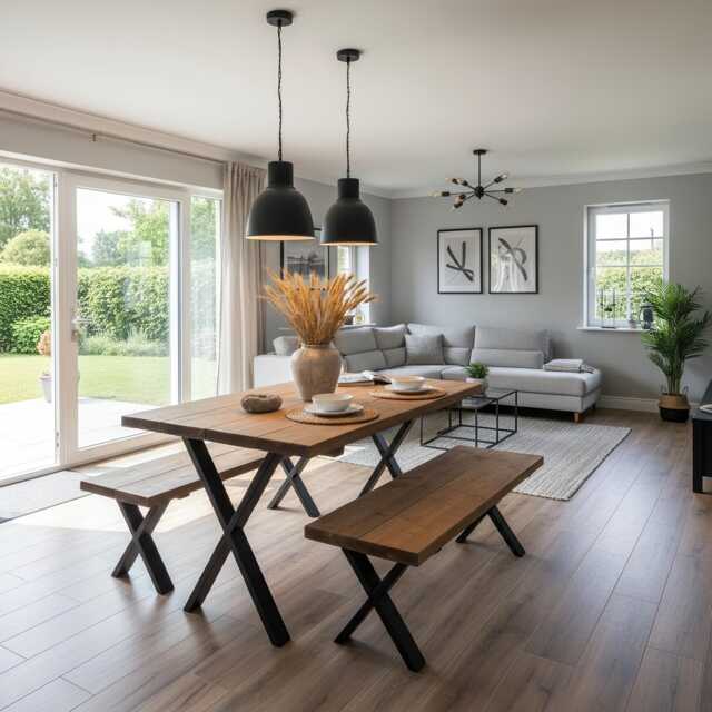 Rustic Solid Wood Dining Table & Bench Metal X Legs - image 1