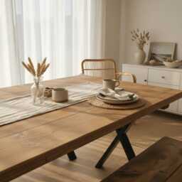 Rustic Solid Wood Dining Table & Bench Metal X Legs - thumbnail 2