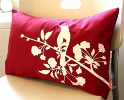 Red Blossom Bird Pillow Silkscreened Cotton Rectangle Throw Pillow - thumbnail 1