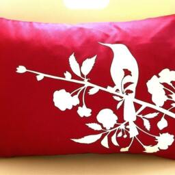 Red Blossom Bird Pillow Silkscreened Cotton Rectangle Throw Pillow - thumbnail 2