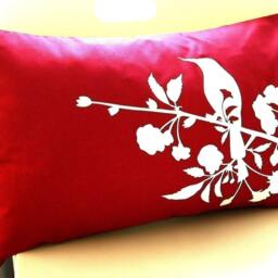 Red Blossom Bird Pillow Silkscreened Cotton Rectangle Throw Pillow - thumbnail 3