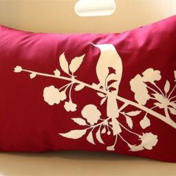 Red Blossom Bird Pillow Silkscreened Cotton Rectangle Throw Pillow - thumbnail 4