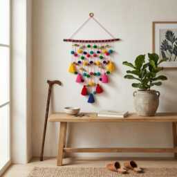 Boho Parrot Tassel Wall Hanging, Colorful Pom Poms, Handmade Decor