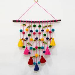 Boho Parrot Tassel Wall Hanging, Colorful Pom Poms, Handmade Decor - thumbnail 2
