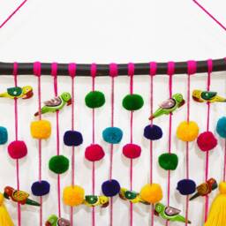 Boho Parrot Tassel Wall Hanging, Colorful Pom Poms, Handmade Decor - thumbnail 4