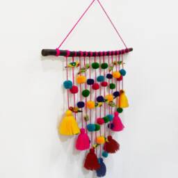 Boho Parrot Tassel Wall Hanging, Colorful Pom Poms, Handmade Decor - thumbnail 3