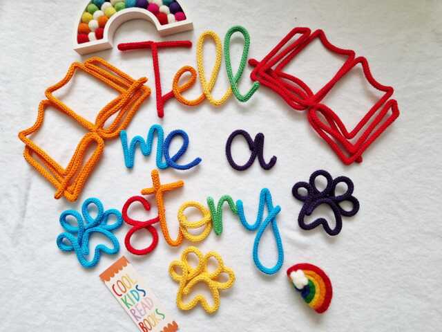 Tell Me A Story Sign L Knitted Words Wire Writing Kids Room Decor Reading Nook Corner Storytime Book Shelf Wall Hanging - image 1