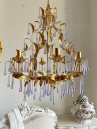 Alexandrite Lilac Murano Glass Drops Chandelier, Gold Leaf Birdcage Crystal 6 Lights - thumbnail 1