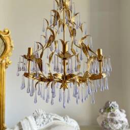 Alexandrite Lilac Murano Glass Drops Chandelier, Gold Leaf Birdcage Crystal 6 Lights - thumbnail 4
