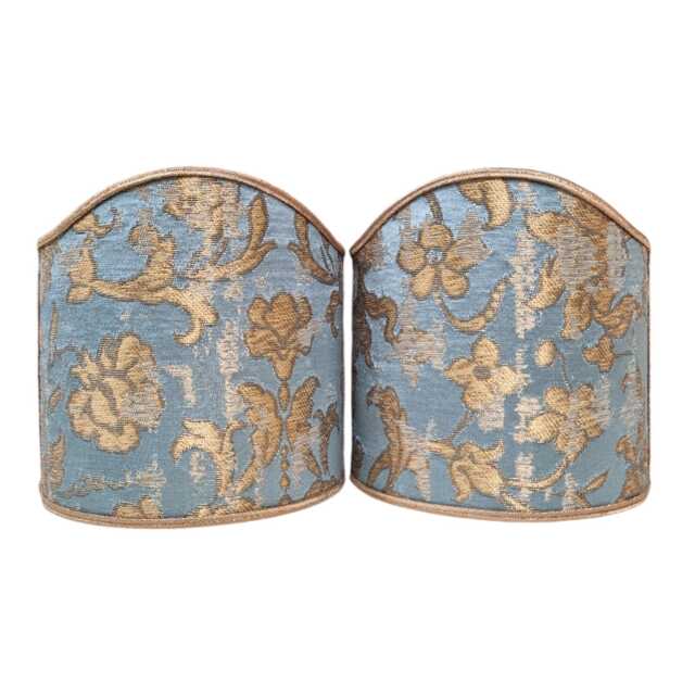 Pair Of Clip-On Wall Sconces Shield Shades Sky Blue Gold Rubelli Silk Jacquard Les Indes Galantes Pattern Mini Lampshade - Handmade in Italy - image 1