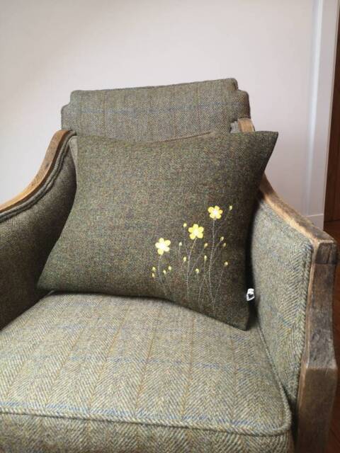 Hand Crafted Harris Tweed Floral Cushion Cover in Moss Green - image 1