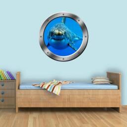 Shark Wall Decal - Great White Jaws Window Frame Submarine Porthole Ocean View Kids Room Art Vwaq-Po17 - thumbnail 1