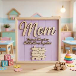 Personalized Mom Wooden Sign, Custom Family Puzzle Name Mothers Day Gift For Mom, Kids Names Wood Plaque, Wall Decor - thumbnail 1