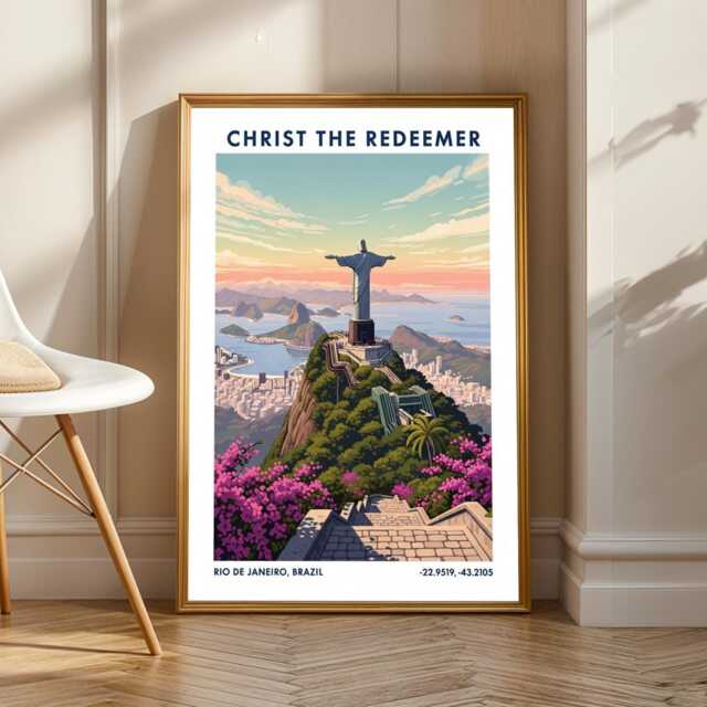 Christ The Redeemer Poster Rio De Janeiro Gouache Landscape Art - image 1