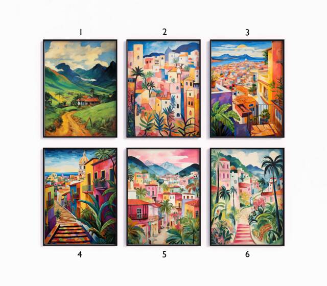 Venezuela Poster Sets, Travel Prints, Latin American Floral Art, Rio Folk Art Poster, Gallery Wall, Gift, A1/A2/A3/A4 - image 1