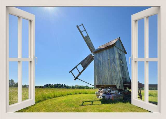 Windmill Wall Decal, Sticker, Nature Field 3D Window View Frame Home Decor