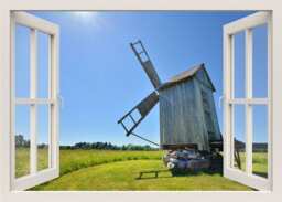 Windmill Wall Decal, Sticker, Nature Field 3D Window View Frame Home Decor