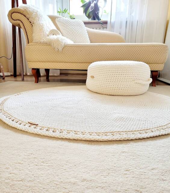 Round Bathroom Rug, Beige Cotton Baby Room Mandala Scandinavian Decor, Modern Crocheted Living - image 1