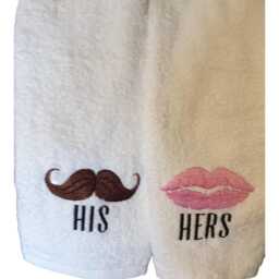 Embroidered His & Hers Mustache Lips Hand Towels