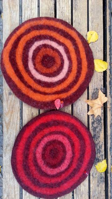 Handfelted Seat Cushion With Coloured Pattern Mix On Dark Red