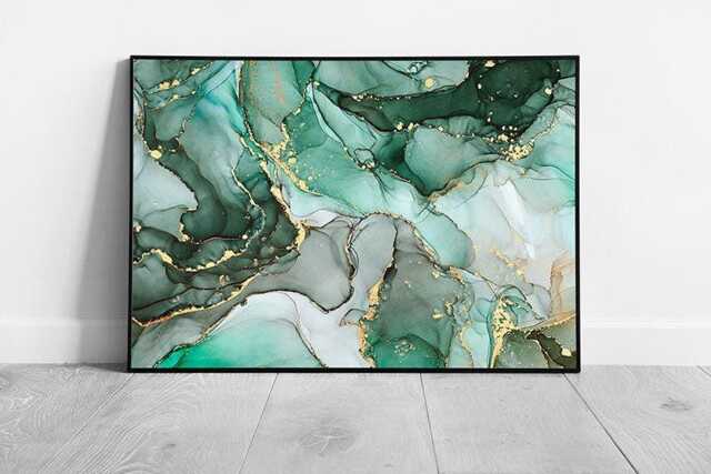 Jade Green & Gold Abstract Alcohol Ink Wall Art Print - Framed Fluid Artwork On Paper - image 1