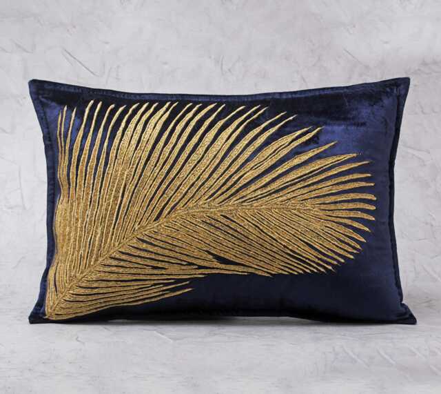 Navy Velvet Pillow Cover With Gold Embroidered Tropical Leaf - Bmcc328 - image 1