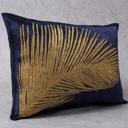 Navy Velvet Pillow Cover With Gold Embroidered Tropical Leaf - Bmcc328 - thumbnail 3