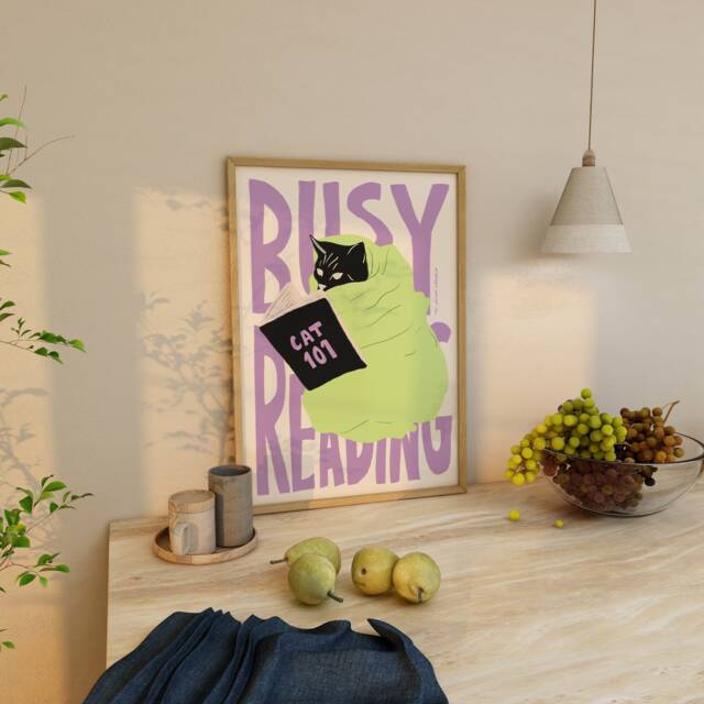 Busy Reading Cat Art Print, Mid-Century Modern Illustration - image 1