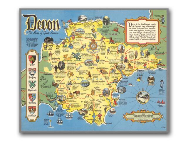 Devon Map, The Shire Of Great Seamen - Pictorial Map Devon, England Wall Art Large Print - image 1