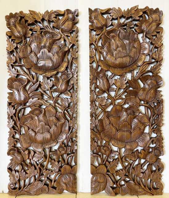 Pair Large Wooden Carved Flower Roses Wood Panel Wall Decor Thai Carving Natural Teak Bohemian Furniture Wedding Gift Outdoor Brown - image 1