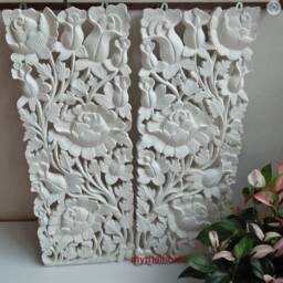 Pair Large Wooden Carved Flower Roses Wood Panel Wall Decor Thai Carving Natural Teak Bohemian Furniture Wedding Gift Outdoor Brown - thumbnail 3